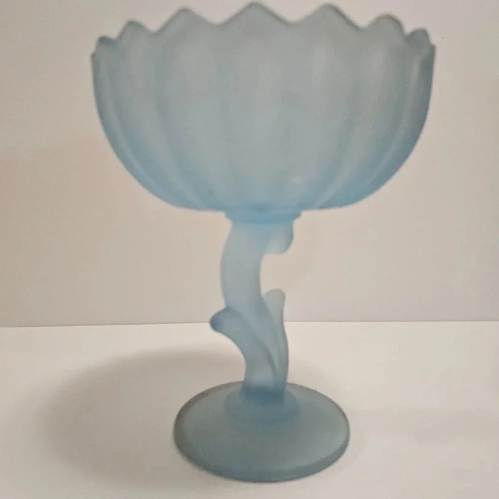 Vtg Indiana Glass Blue Mist Frosted Satin Glass Lotus Blossom Pedestal Compote